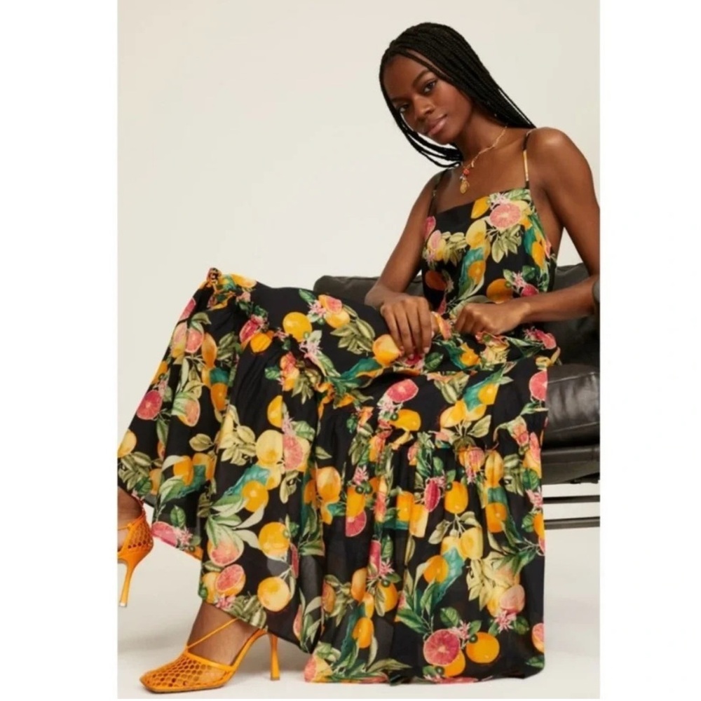 Cara Cara Black Maxi Dress with Yellow & Pink Citrus Print